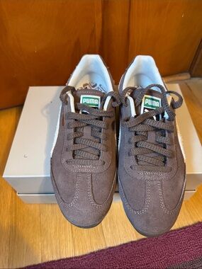 Puma Women’s Bronze Suede Sneakers with White Stripe